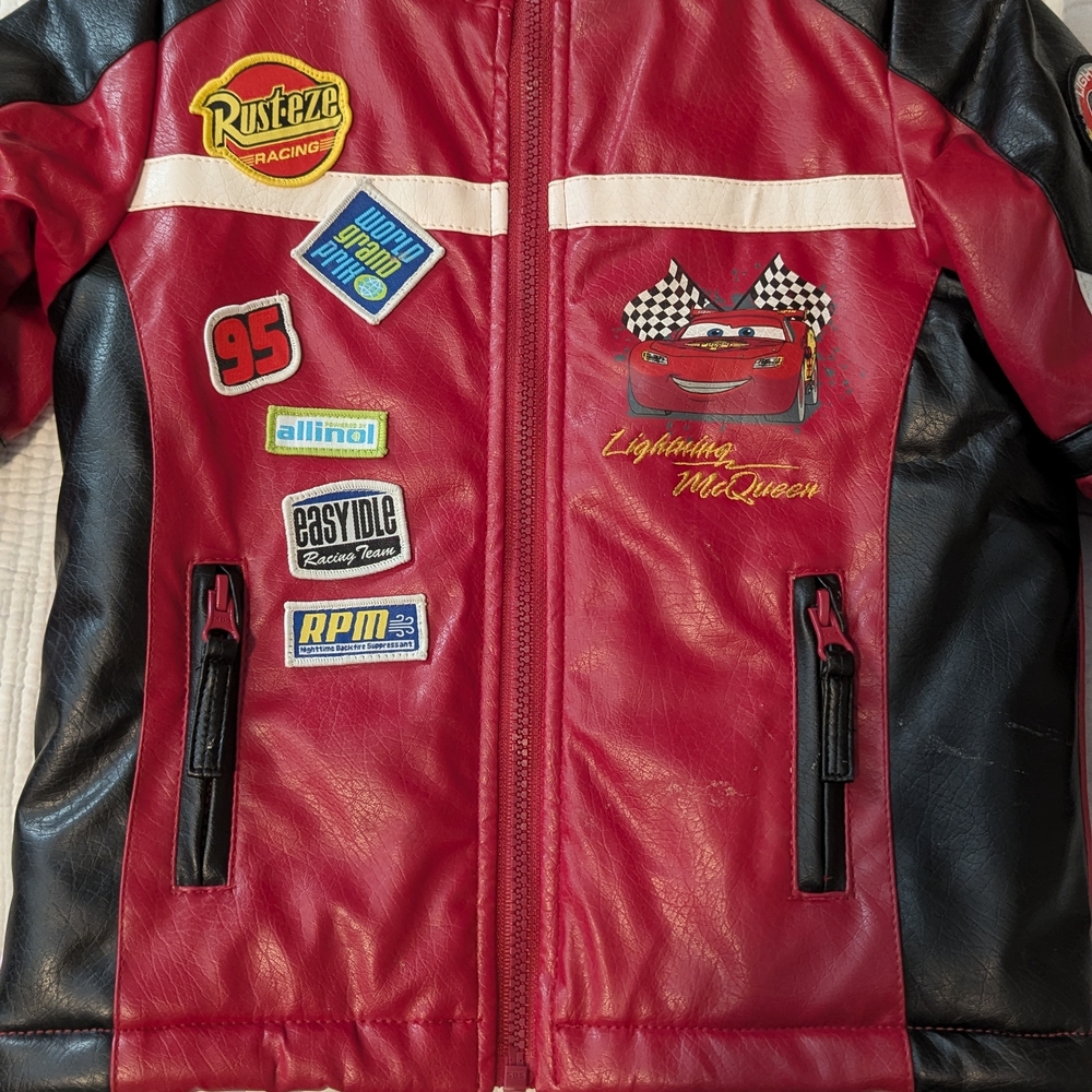 Lightning McQueen Cars Kids Boys Faux Leather Jacket Size 4T - Picture 4 of 8